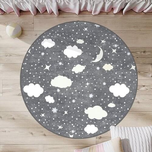 Gri Yuvarlak Çocuk Odası Halısı yıldız bulut kar ay beyaz