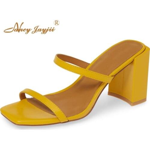 Yellow&Purple Summer High Chunky Heels Sandals Woman Large Size 12 14 Slip-On Slides Solid Shoes For Ladies Beautyfeet Mature