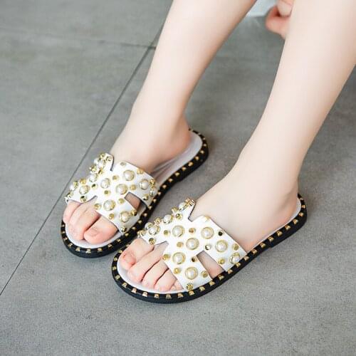 Girls Summer Slippers Fashion Princess Children Summer Beach Slides for Kids Big Teenagers Rivets Pearls Beading Princess 26-39