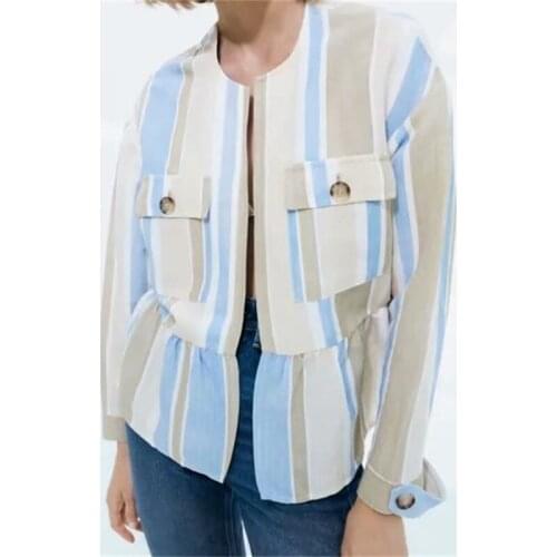 MESTTRAF Women 2021 Fashion Striped Casual Long Sleeve Jacket Pocket Decoration Loose Top Streetwear