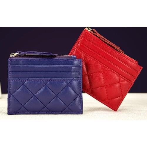 Fashion Genuine Leather Sheepskin Soft Coin Purse Zipper Bank Card Holders Cases for Men Women Rhomboids Porte Carte