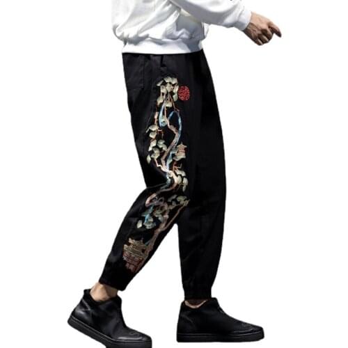 2021 New Mens Chinese Style Trousers Patch Embroidery Cropped Trousers Summer Tide Brand Retro Strappy Harem Pants Loose Pants