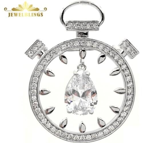 Retro Vintage Opens Micro Pave CZ Clock Brooches Silver Tone Pear Shaped Stone Dangle Clock Pin Watch Broach for Costume Jewelry