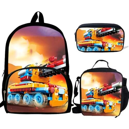 3pcs/set School Bags For Teen Girls&Boys School Backpack Cartoon Tank Pattern Bookbag Lovely Satchel
