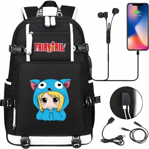 New Kawaii Anime Fairy Tail USB Boy Girl Book School Bag Large Capacity Teenagers Student Schoolbags Women Men Travel Backpack