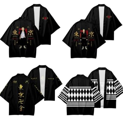Tokyo Revengers Cosplay Cloak Anime Black White Top for Summer Hanagaki Takemichi Ken Ryuguji Haori Kimono Tee Men Short-sleeve