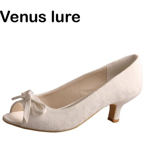 Customized Open Toe Shoes Wedding Small Heel Ivory Lace Bride Pumps