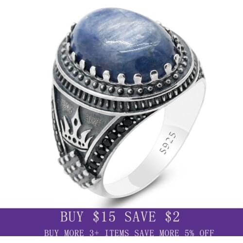 Turkish Handmade Jewelry 925 Sterling Silver Men Wedding Ring Oval Natural Kyanite Stone Party/Wedding Ring Crown Signet MenRing