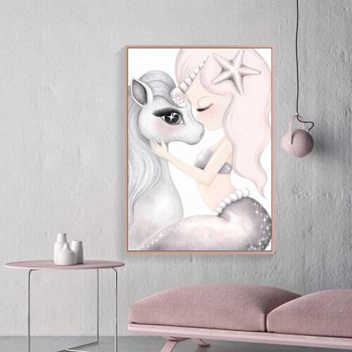Home Decoration Canvas Unicorn Cartoon Painting Pink Girl Wall Art Poster Cute Modular Picture No Frame For Bedside Background