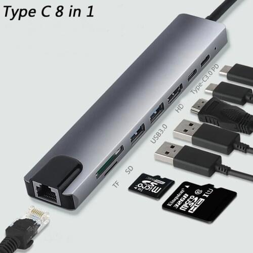 USB-C 8 in 1 Type-C USB 3.0 USB Hub 4K HD Laptop PD Charging /SD/TF Card Reader/RJ45 Adapter for MacBook Pro Docking Station