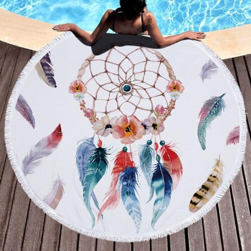 XC USHIO Round Beach Towel With Tassels Dream Catcher Printed Microfiber 150cm For Summer Swimming Picnic Tapestry Blanket