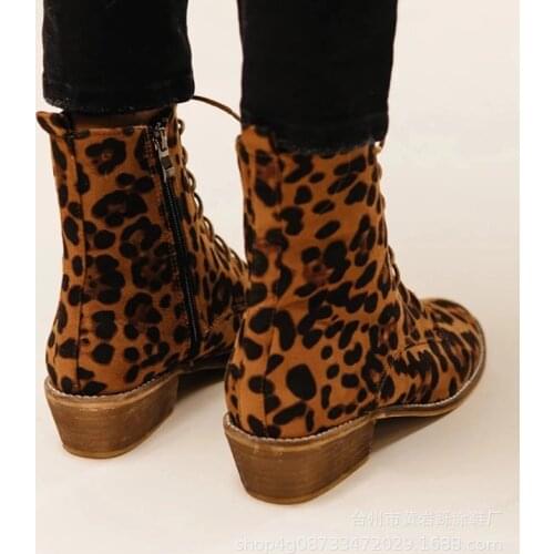 Autumn Womens Ankle Boots Leopard Women Lace Up Pointed Toe Ladies Chunky Heels Female Shoes Woman Retro Footwear Plus Size785