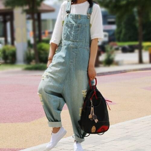 Women Casual Denim Overalls 2016 hole Bleached Washed Jumpsuits Ladies Pockets Loose Fashion Denim Pants Trousers