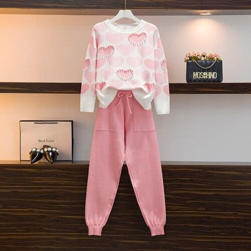 Autumn Fashion Sweet Love Heart Beading Long Sleeve Knit Sweater Tops + High Waist Pants Womens Tracksuit Knit Two-Piece Set