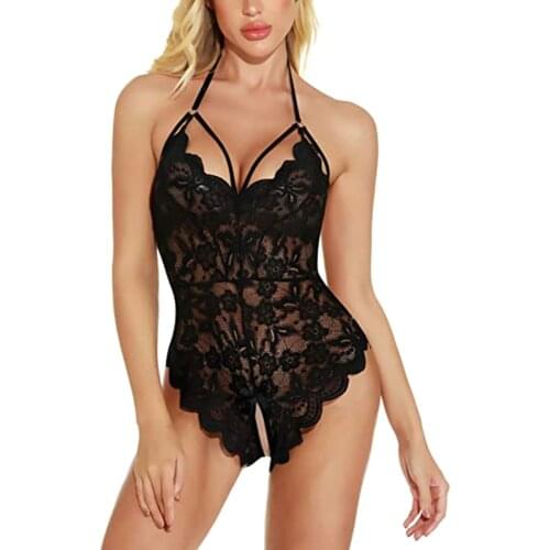Womens Sexy Solid Lingerie Lace Mesh and Hot Open Crotch Underware Backless One-piece Slim V-Neck Loungewear