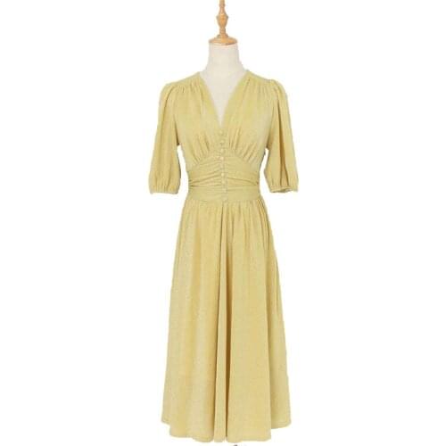 VSUE Green Yellow Lurex V Neck Bling Vintage Dress Fit And Flare Midi Short Sleeve Solid D1154
