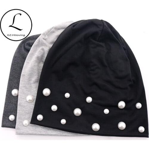 Winter Hats for Women Pearls Slouchy Cotton Beanie Skullies 2020 Spring Ladies Casual Stretch Black Hat Caps Gorros Dropshipping