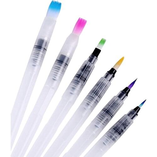 6 PCS Watercolor Brush Pens Water Colour Pen Pointed Tip And Flat Tip with Ink Storage Barrel Ink Painting Brush Art Supplies