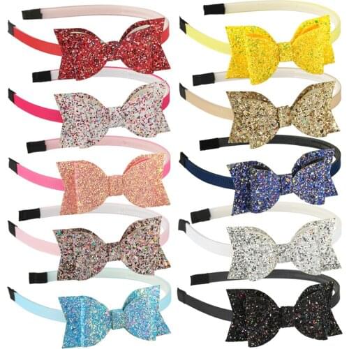 10pcs/lot 3.5" Sequin Swallowtail Bows With Hairbands Childrens Glitter Knot Headbands Pink Blingbling Bows