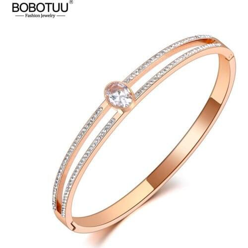 BOBOTUU Sparkling Rhinestone Bangles Bracelet Jewelry Titanium Stainless Steel Oval CZ Crystal Wedding Bangle For Women BB20089