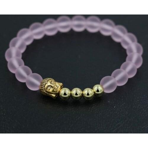 BPPCCR Crystal Matte Pink quartz stone Bead Buddha head Antique chakra Men women Reiki bless Bracelet Energy Yoga pulsera