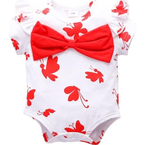 Children girl baby lace short-sleeved bowknot romper trendy red butterfly print flying sleeve romper