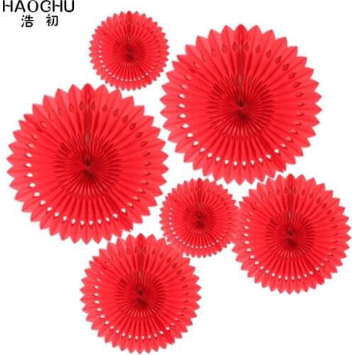 HAOCHU Red Openwork Paper Fans Flower 6pcs/lot DIY Background Wall Decorations For Happy Wedding Party Home Decor Kids Birthday