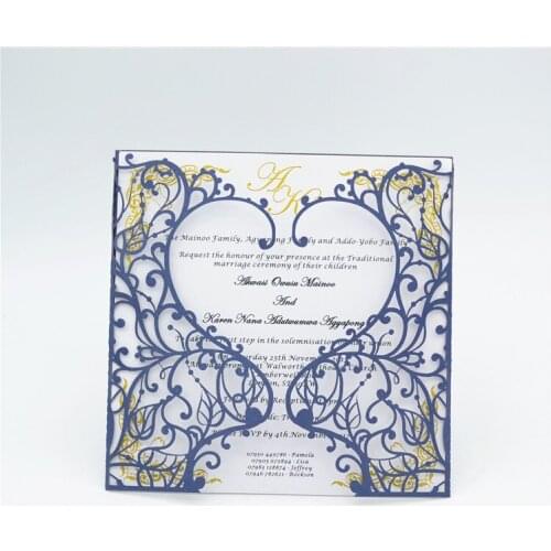 Delicate lace laser cut navy wedding card invitations