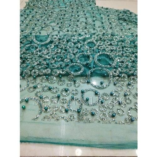 Good looking JRB-81044 green color glued glitter lace fabric and shinny lace fabric with beads for women party dress
