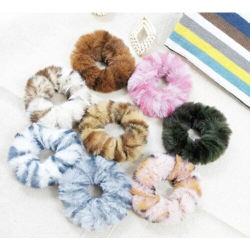 Colorful Leopard Print Plush Fur Scrunchies Elastic Hair Bands For Girls Warm Ponytail Holder For Girl Women