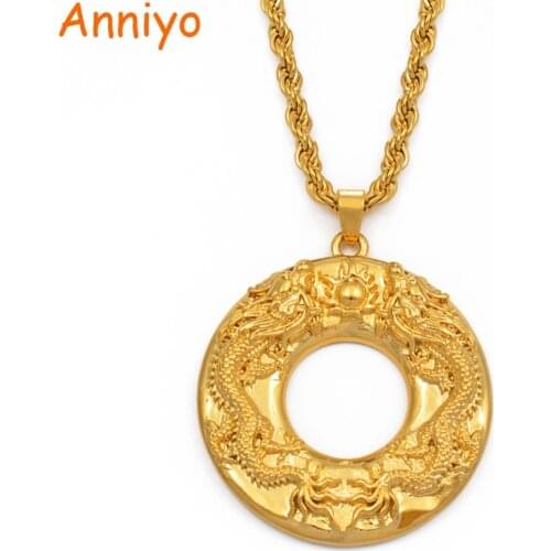 Anniyo Round Dragon Pendant Necklace for Men Women Gold Color Jewelry Mascot Ornaments Lucky Necklaces Chinese Style #014107