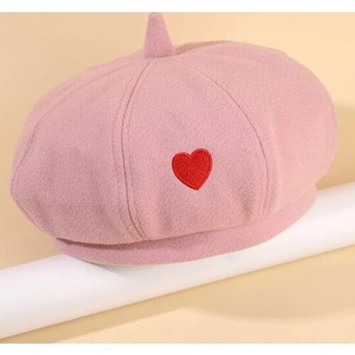 Sweet Women Winter Hats with Heart Solid Black Pink Grey Artist Painter Berets For Winter Girl Western Style Wool Beret Hats