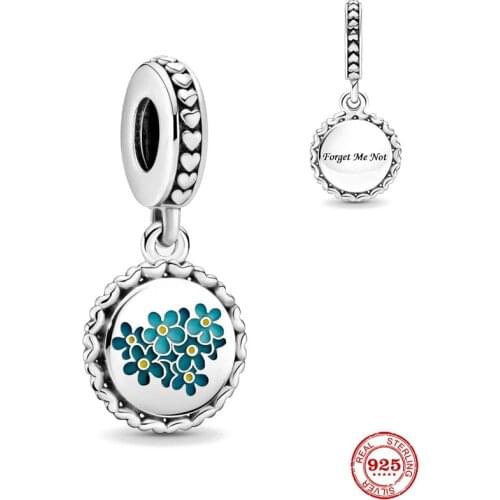 New Original Silver Color Blue Forget-Me-Not Flower Dangle Charm Fit European Pandora Charms Bracelet Bangles P551