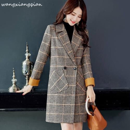 Fashion lady 2019 Autumn Winter Wool Women Plaid Pockets Mix Office Work Long Coats Lady Slim Lapel Long Sleeve Blends Sexy A505