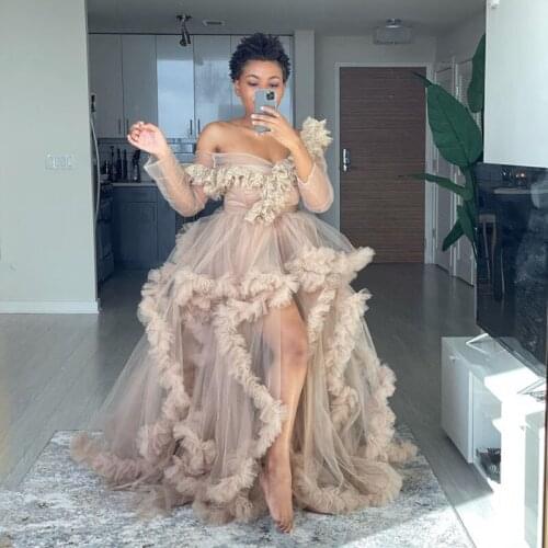 Prom Dresses Women Maternity Dress High Low Off the Shoulder Sheer Full Sleeves Photo Shoot Robe