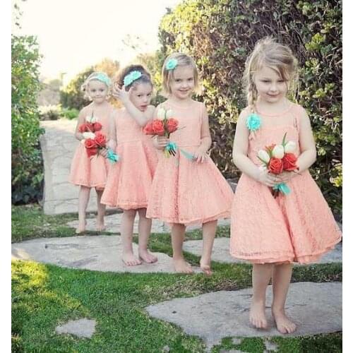 Peach 2020 Flower Girl Dresses For Weddings A-line Scoop Lace Knee Length Short First Communion Dresses For Little Girls