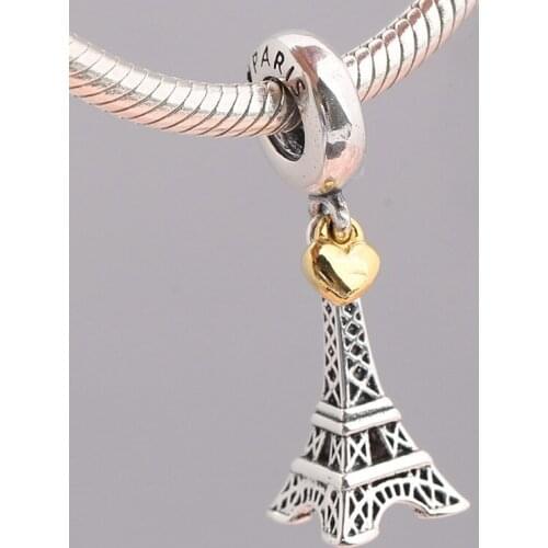 Authentic 925 Sterling Silver DIY Bead Love Paris Eiffel Tower Pendant Charm With Gold Heart Beads Fit Europe Bracelets Jewelry