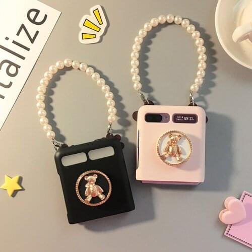 Luxury Fashion Cute DIY Bear Stand Bracket Pearl Hand Chain Case Cover For Samsung Galaxy Z Flip 5G 4G 3 Flip3 Capa Fundas