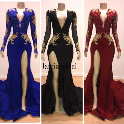 Sexy Backless Mermaid Prom Dresses 2019 Long Sleeves Gold Lace Sequined Plus Size African Arabic 2k19 vestidos de fiesta de noch
