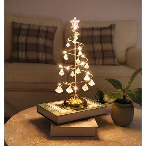 LED Christmas Tree Table Lamp Battery Power Modern Crystal Desk Decor Light Bedroom Living Room Christmas Gift Table Lights