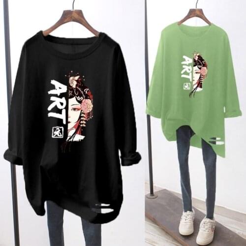 2021 Loose Casual Fashion Bottoming Shirt Long Sleeve Round Neck All-match Cartoon Print T-shirt Graphic Tee Woman Tshirts