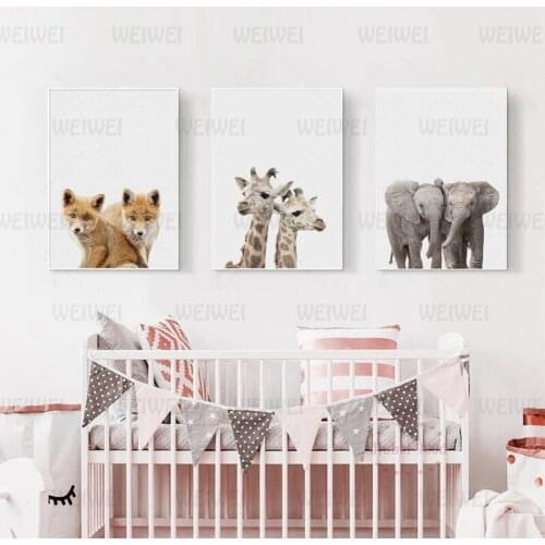 Twin Baby Animals Elephants Fox Giraffe Prints Nordic Posters Baby Friends Wall Art Canvas Painting Pictures Nursery Wall Decor