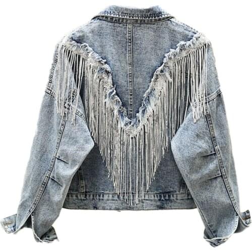 PERHAPS U Women Light Blue Denim Jacket Turn Down Collar Long Sleeve Button Tassel Short Jacket C0513