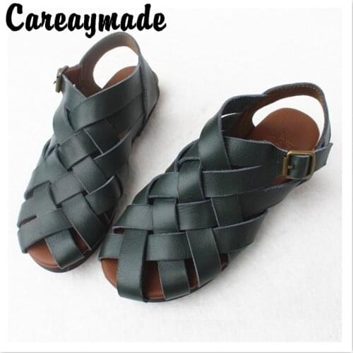 Careaymade-Summer flat soft bottom casual womens sandals original single head layer cowhide hand knitting sandals,3 colors