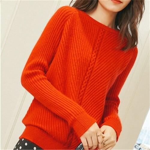 Korean style pure cashmere knit women sweet low Oneck slim pullover sweater solid color S-3XL