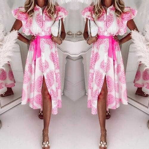 2021 New Fashion Paisley Pattern Print Flutter Sleeve Slit Shirt Dress Elegant Workwear Office Women Dress Summer Casual Clothes