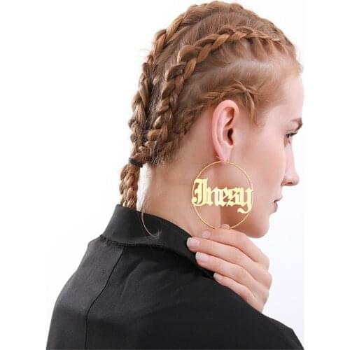 Noelia Gold Plated Custom Earrings Customized Name Ancient English Round Pendant Earrings Personalized Stainless Steel Jewelry