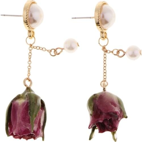 1 Pair Dried Flower Resin Covered Faux Pearl Dangle Drop Earrings Ear Studs