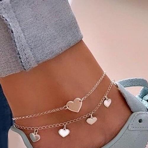 2 Pcs/Set Women Anklets Set Simple Heart Pendant Silver Color Anklet Fashion Beach Party Female Barefoot Jewelry