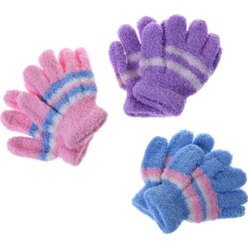 Baby Gloves Warm Winter Full Finger Thermal Coral Fleece Gloves Kids Colorful Stripe Soft Elastic Solid Color Mittens